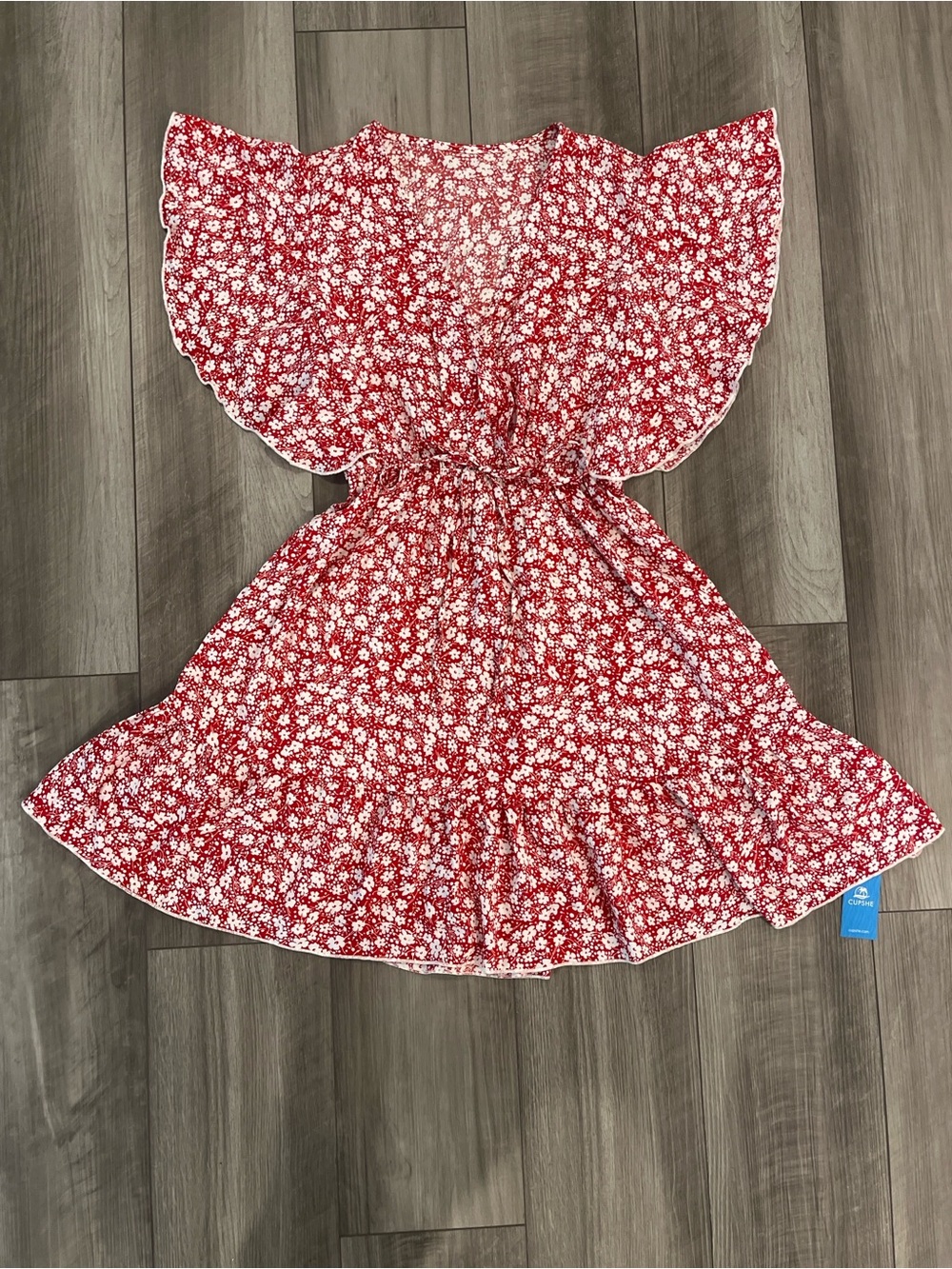 Cupshe Red & White Floral Flutter-Sleeve Dress